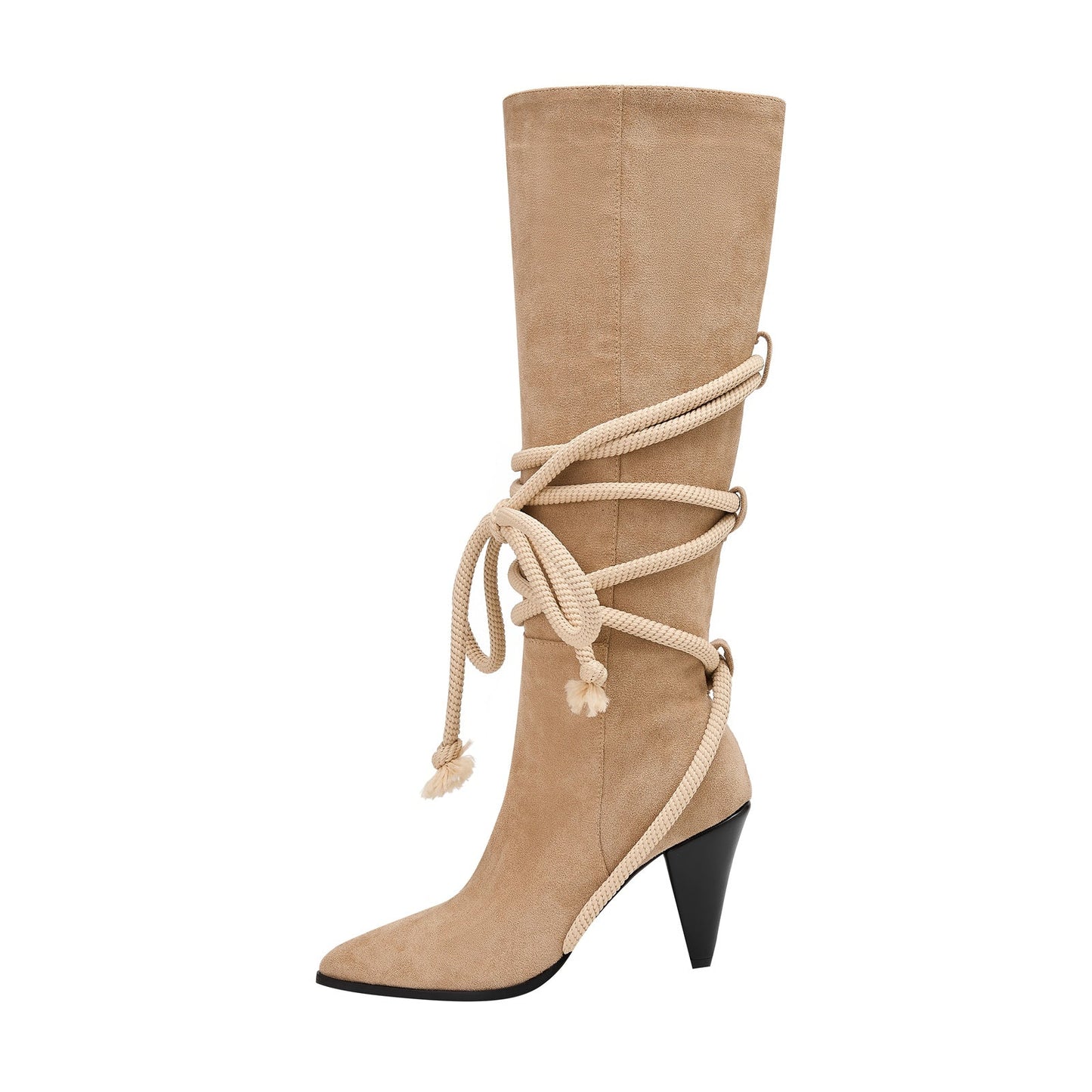 Apricot Lace Tie Pointed Bohemian Knee High Boots-4