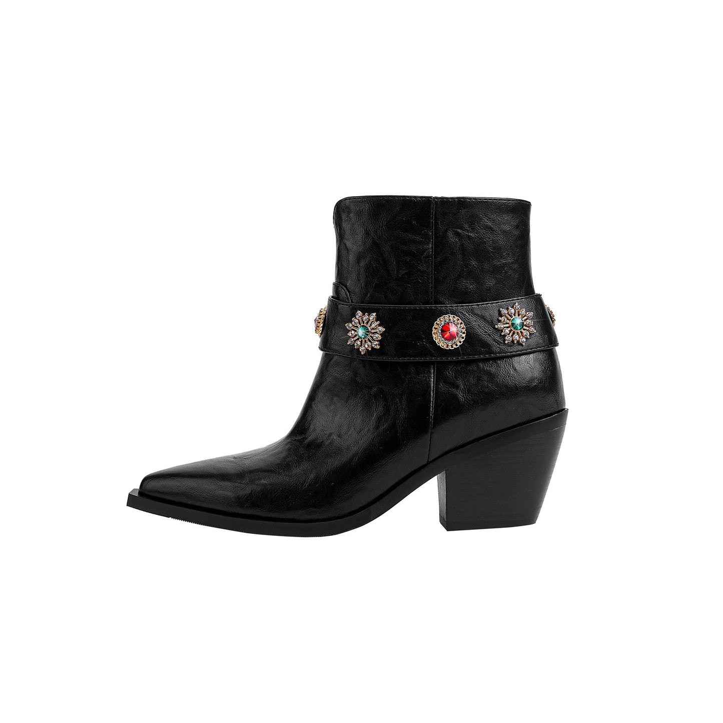 Autumn Crystal Embellished Strap Western Black Ankle Boots-1