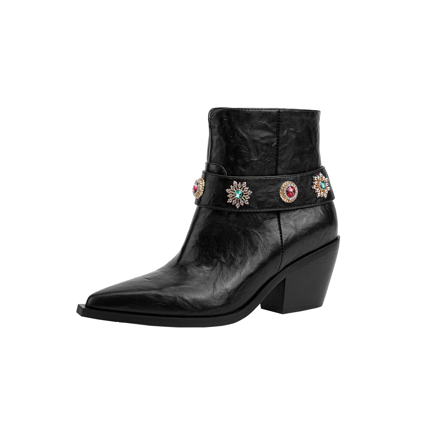 Autumn Crystal Embellished Strap Western Black Ankle Boots-2