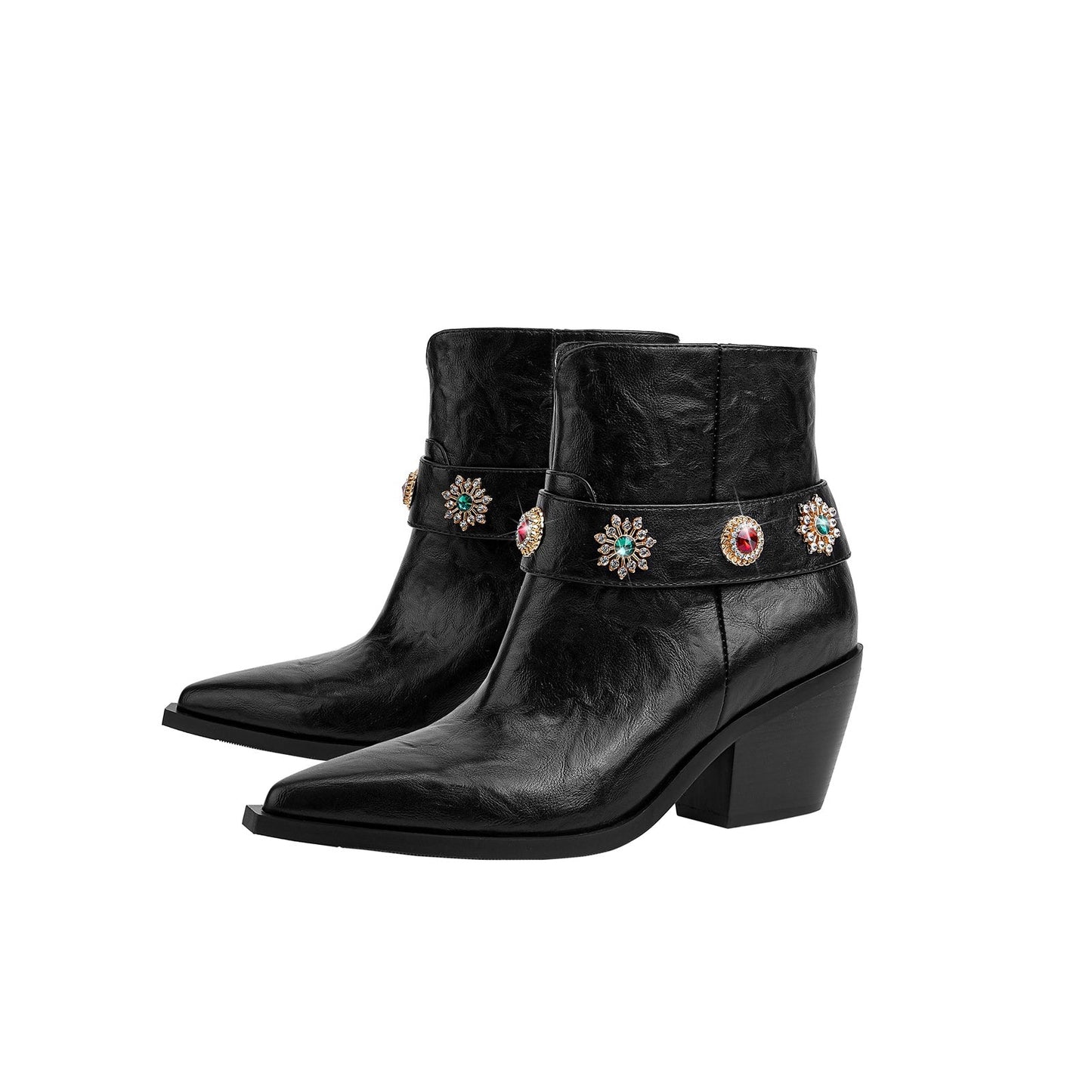 Autumn Crystal Embellished Strap Western Black Ankle Boots-4