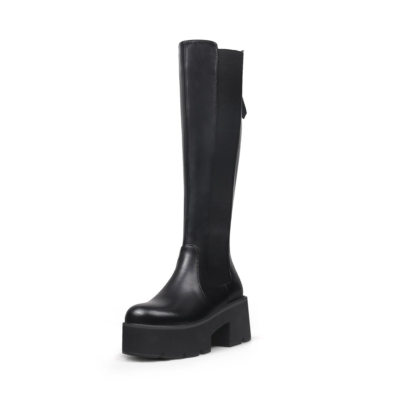 Elastic Back Zip Black Platorm Knee-High Boots-1
