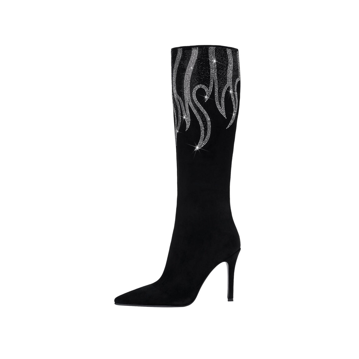 Black and Sliver Flame Pointed Toe Knee High Boots-0