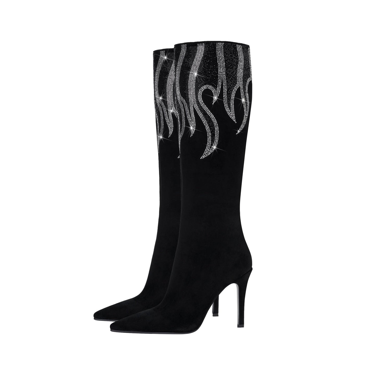 Black and Sliver Flame Pointed Toe Knee High Boots-2