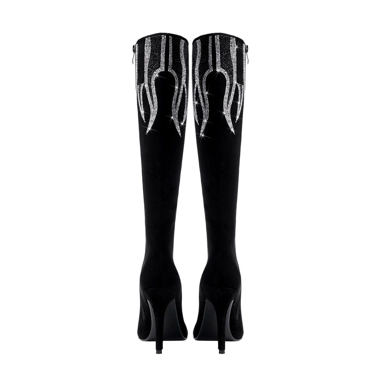 Black and Sliver Flame Pointed Toe Knee High Boots-4