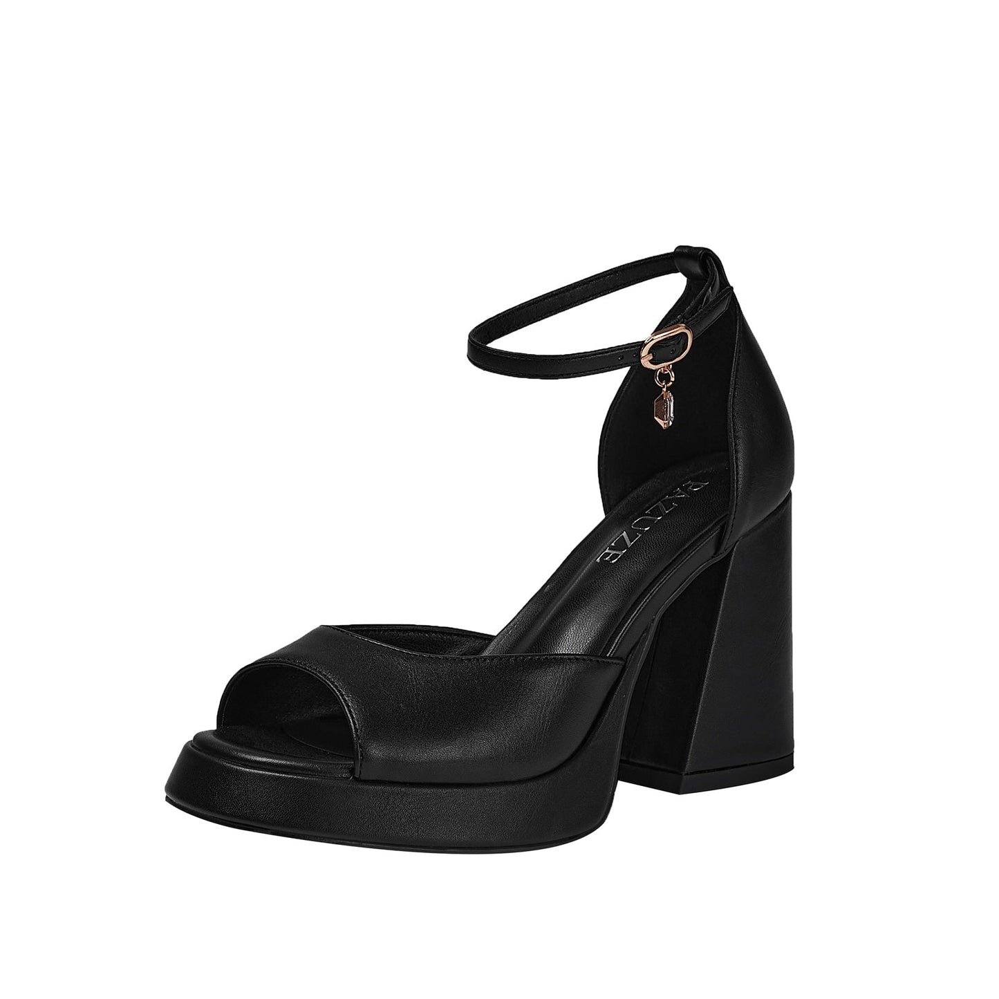 Black Chunky Block High Heel Ankle Strap Sandals-3