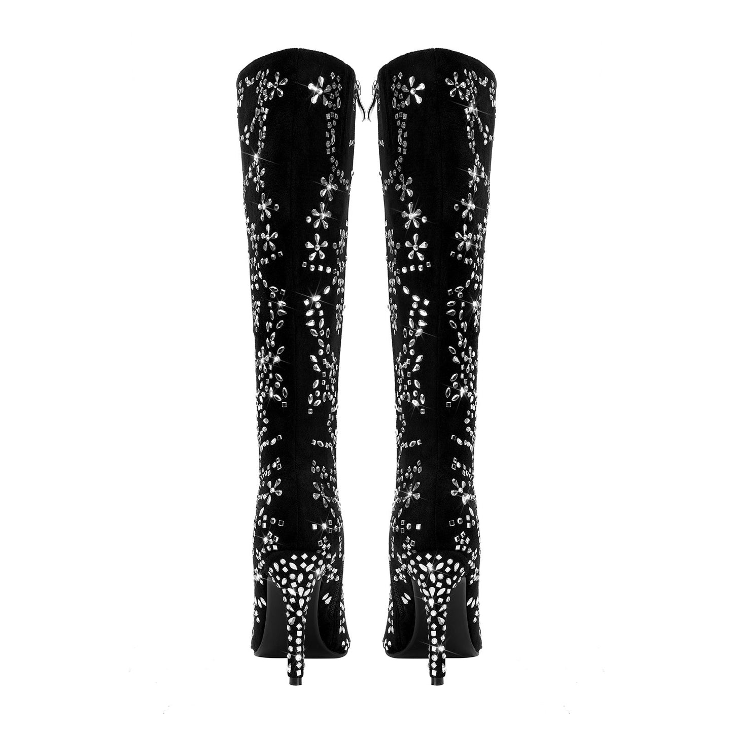 Black Floral Crystal Embellished Knee High Boots-4