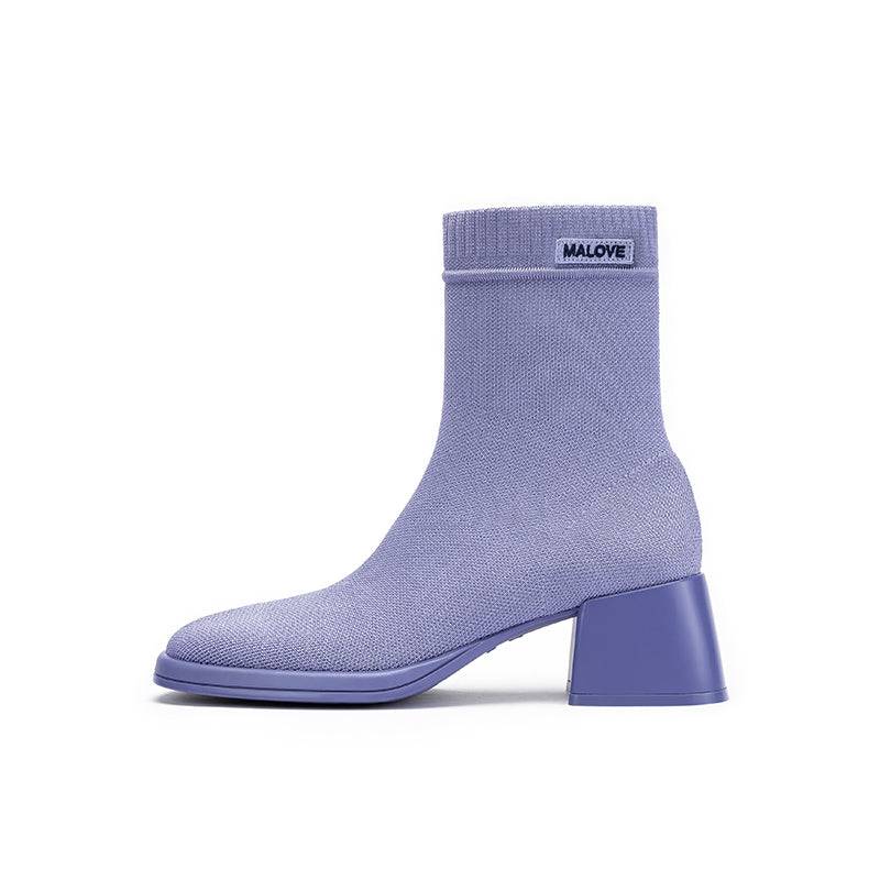 Block Heel Stretch Knit Boots-6