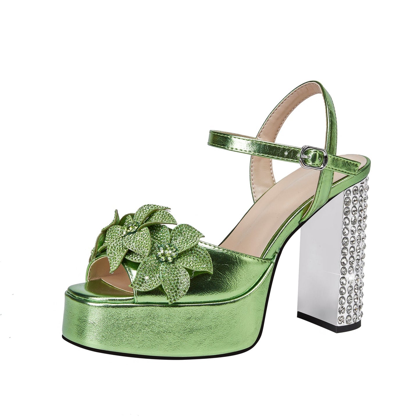 Charming Floral Open Toe Gem Encrusted Heel Sandals-2