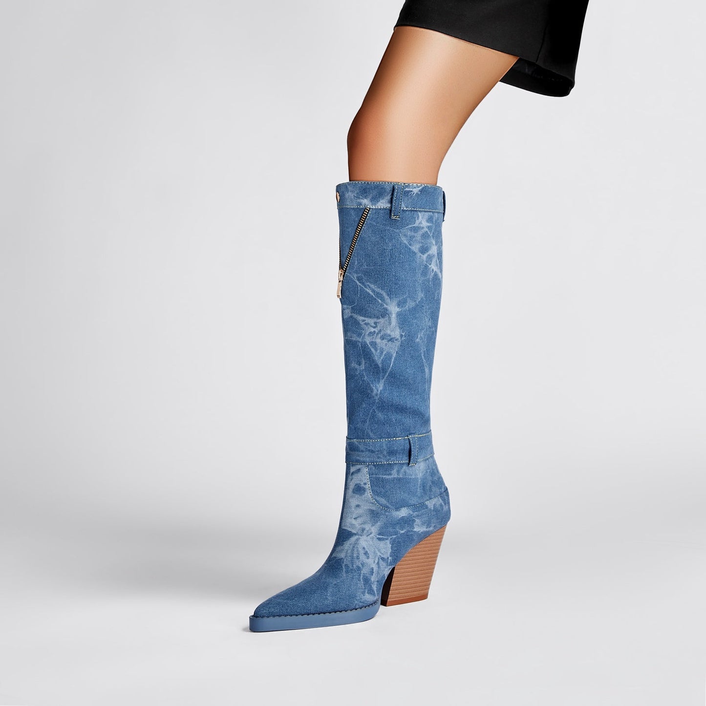 Classic Pointed Toe Pocket Denim Knee High Boots-1