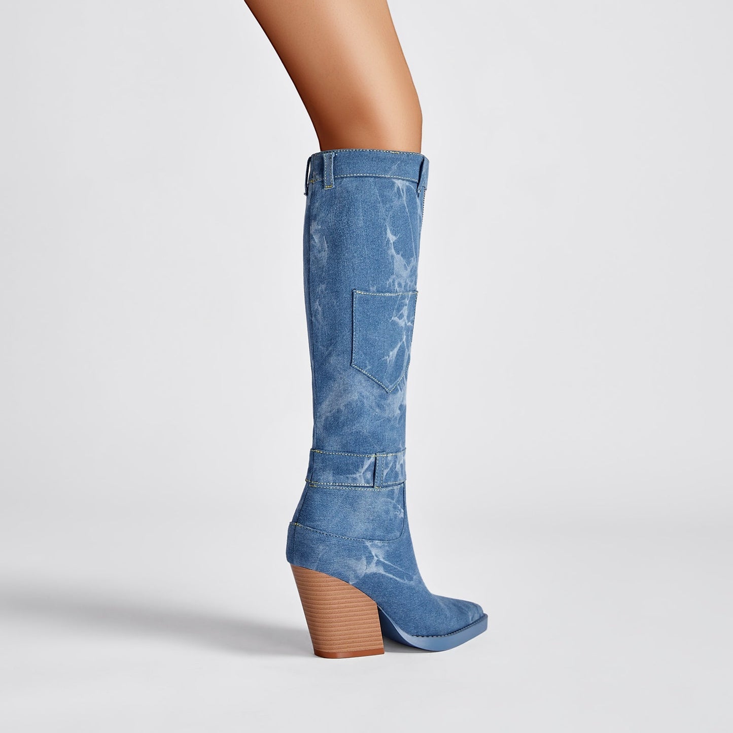 Classic Pointed Toe Pocket Denim Knee High Boots-2