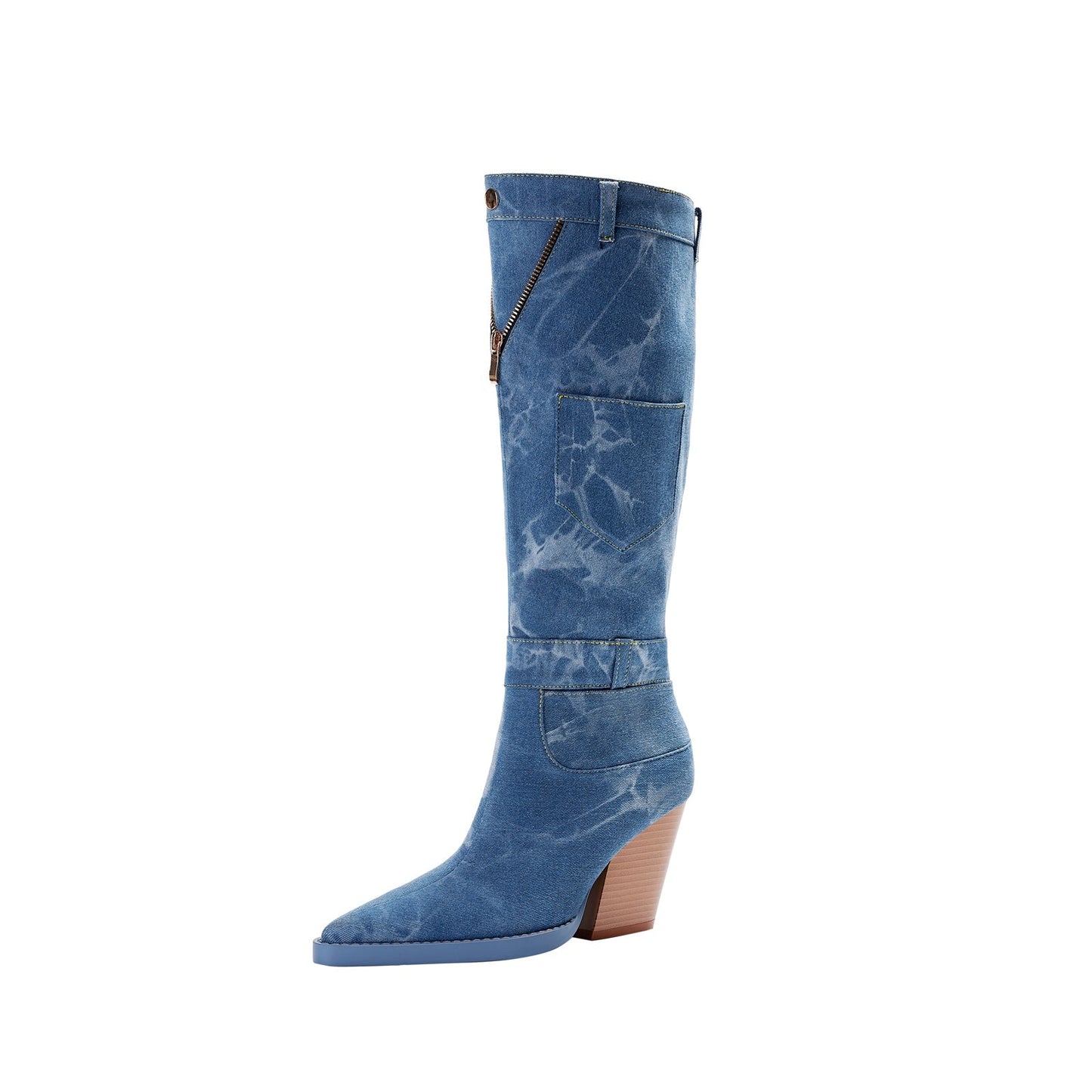 Classic Pointed Toe Pocket Denim Knee High Boots-3