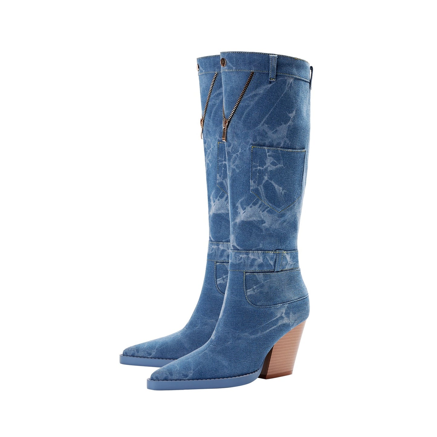 Classic Pointed Toe Pocket Denim Knee High Boots-4