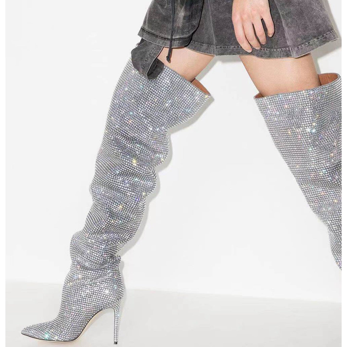 Crystal Embellished Slouchy Thigh High Boots-1