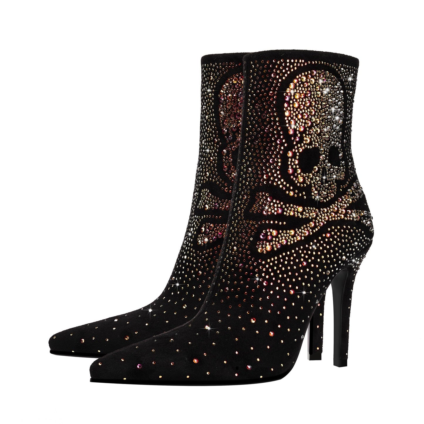 Crystal Encrusted Skull and Bones Black Ankle Boots-3