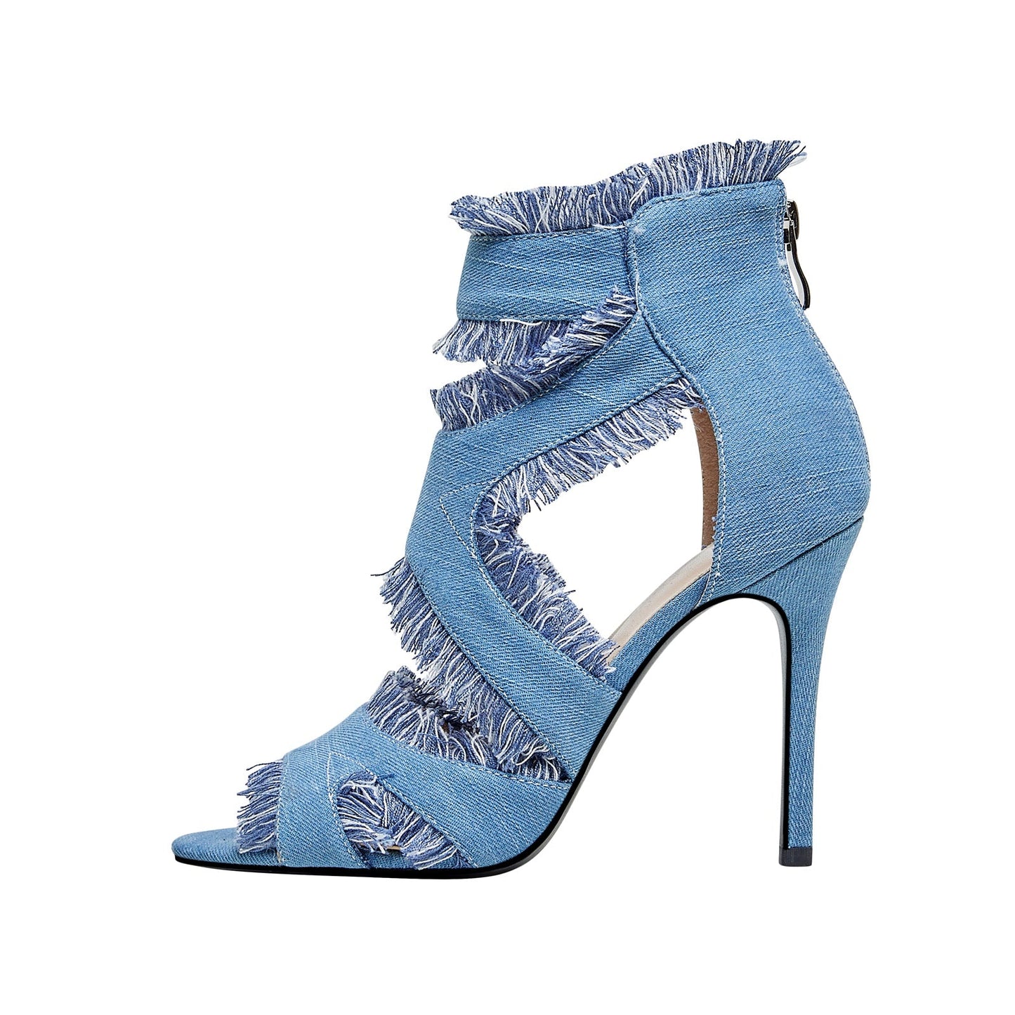 Cutout Distressed Denim Stiletto Heel Ankle Boots-0