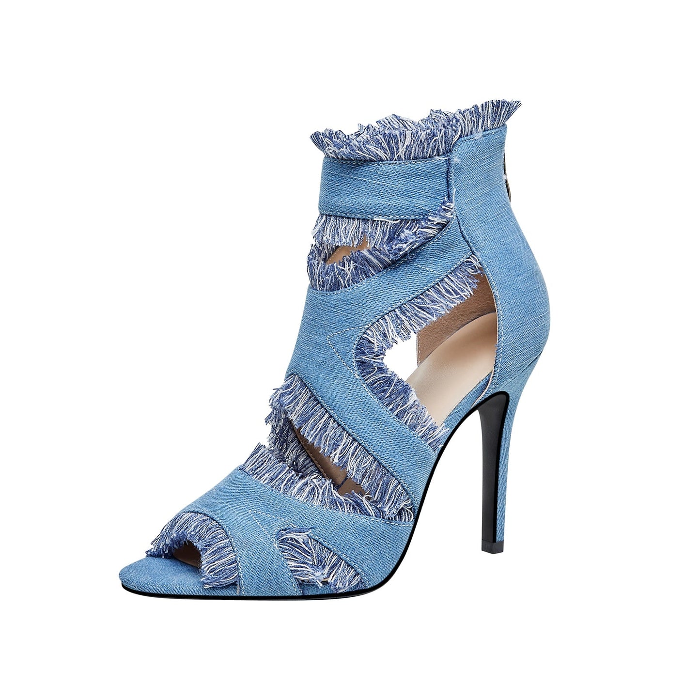 Cutout Distressed Denim Stiletto Heel Ankle Boots-1