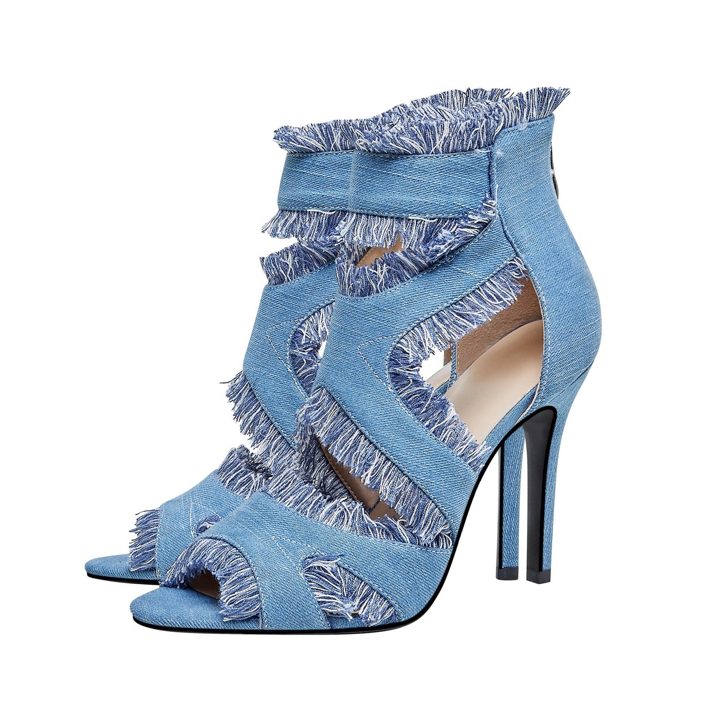 Cutout Distressed Denim Stiletto Heel Ankle Boots-2