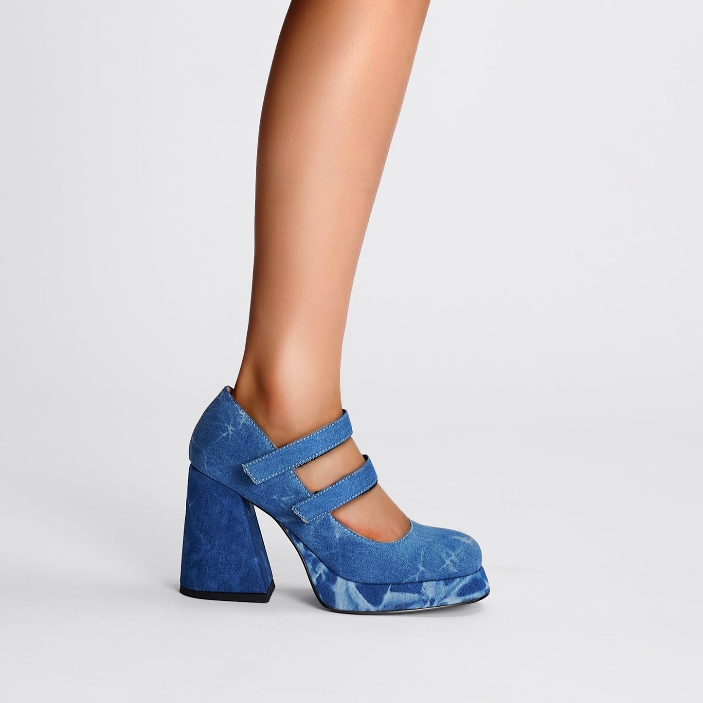 Double Strap Blue Denim Mary Jane Platform Pumps-1