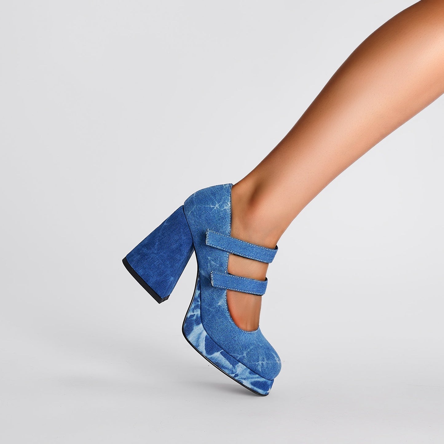 Double Strap Blue Denim Mary Jane Platform Pumps-2