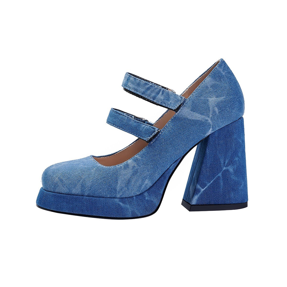 Double Strap Blue Denim Mary Jane Platform Pumps-3