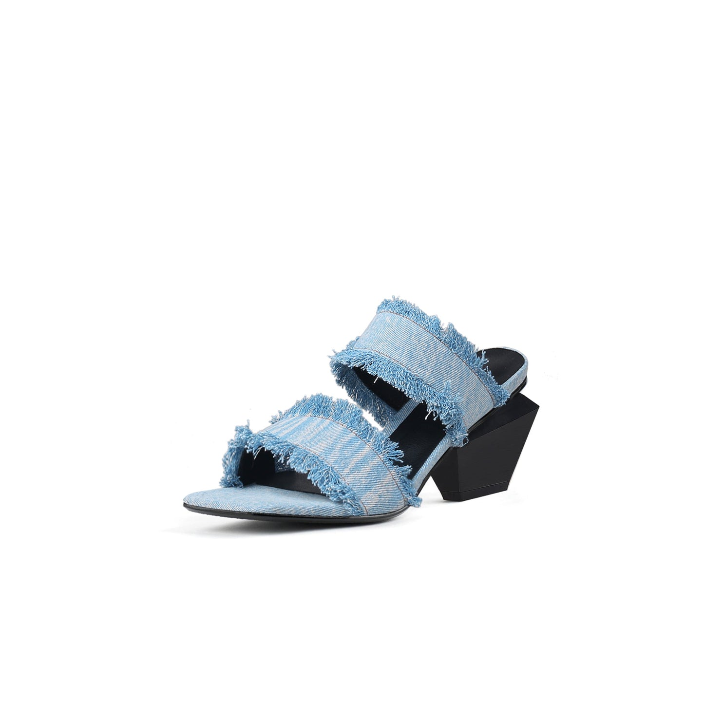 Double Strap Fringed Denim Square Toe Mules-1