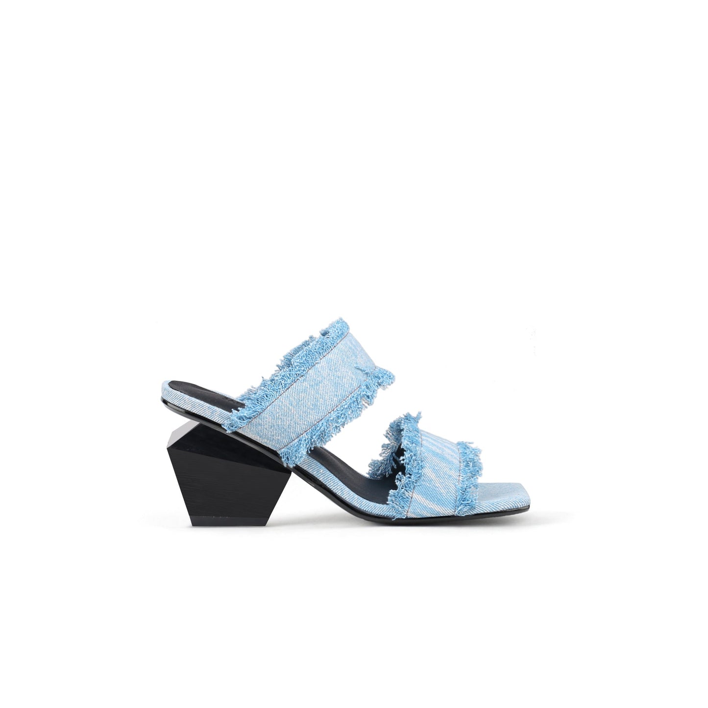 Double Strap Fringed Denim Square Toe Mules-2