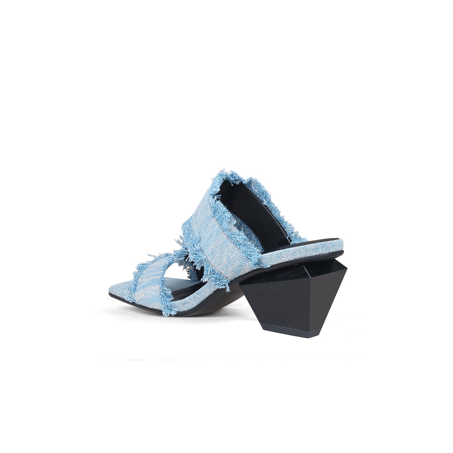 Double Strap Fringed Denim Square Toe Mules-3