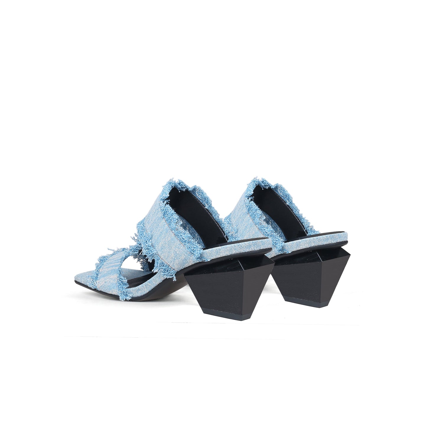 Double Strap Fringed Denim Square Toe Mules-4