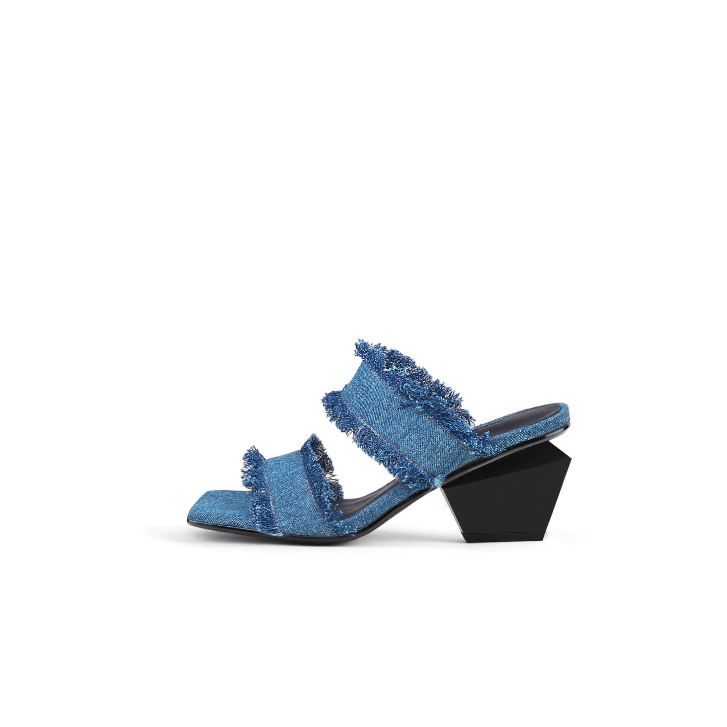 Double Strap Fringed Denim Square Toe Mules-5