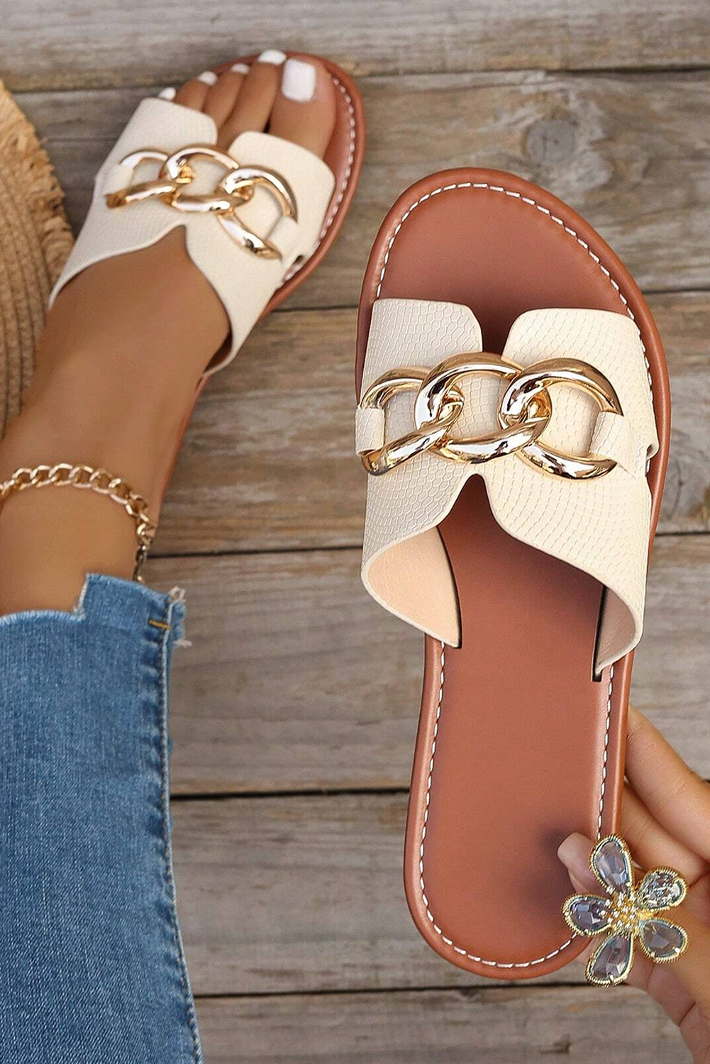 White Metal Buckle One Strap Flat Casual Slippers