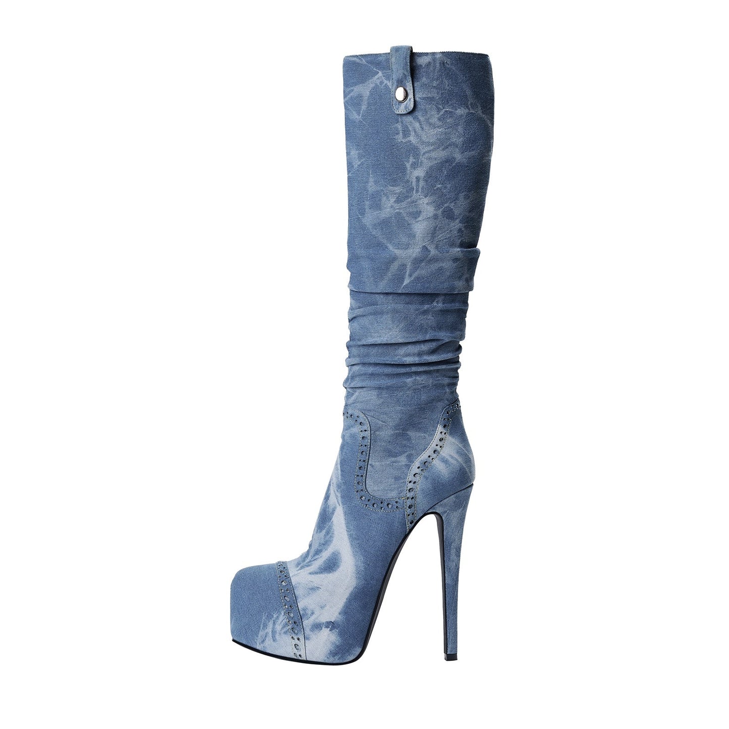 Elegant Pointed Toe Knee High Denim Stiletto Boots-0