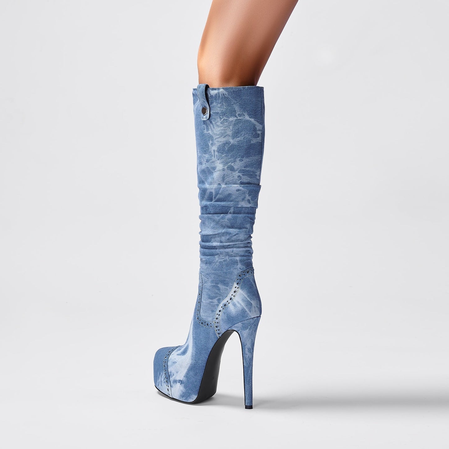 Elegant Pointed Toe Knee High Denim Stiletto Boots-1