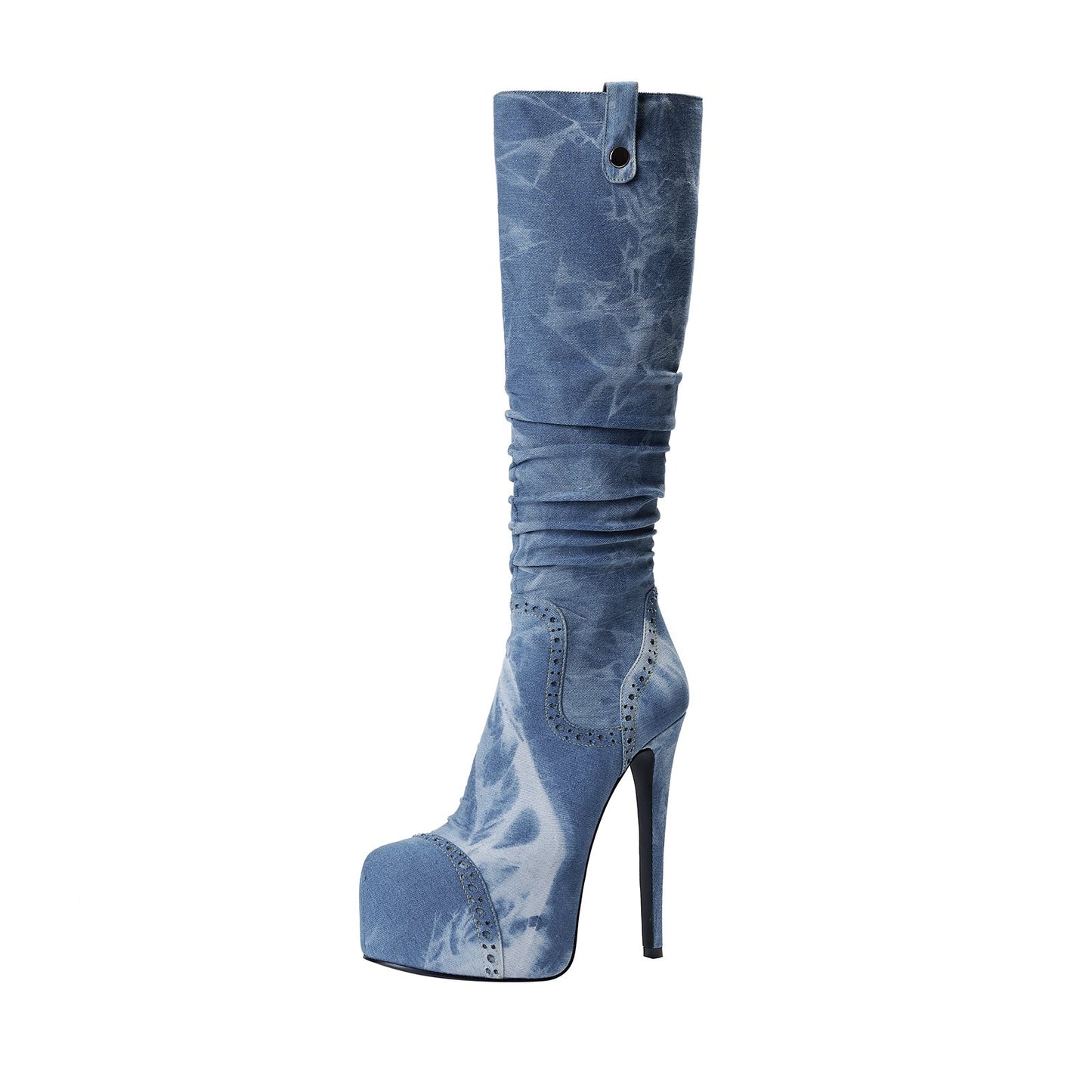 Elegant Pointed Toe Knee High Denim Stiletto Boots-2