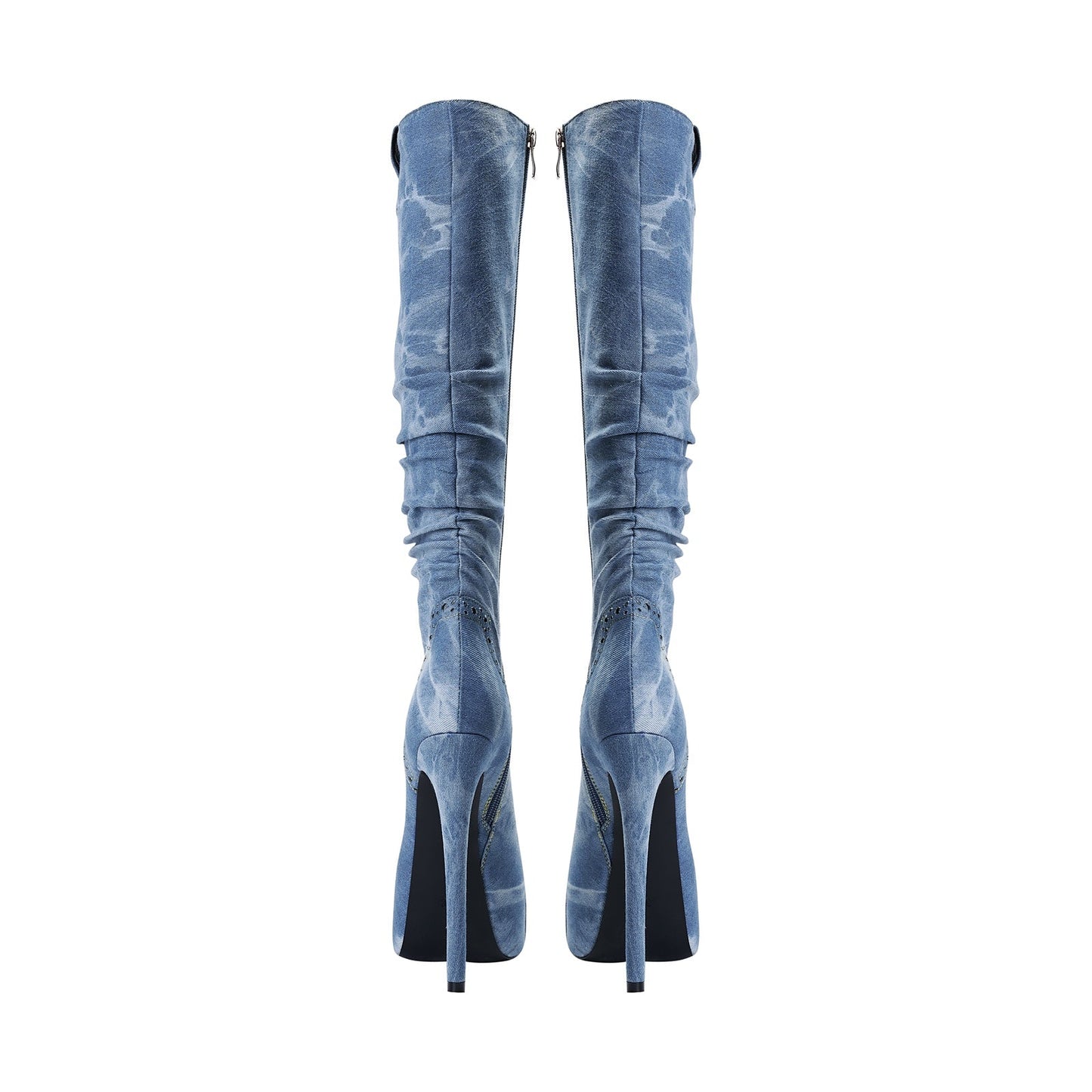 Elegant Pointed Toe Knee High Denim Stiletto Boots-4