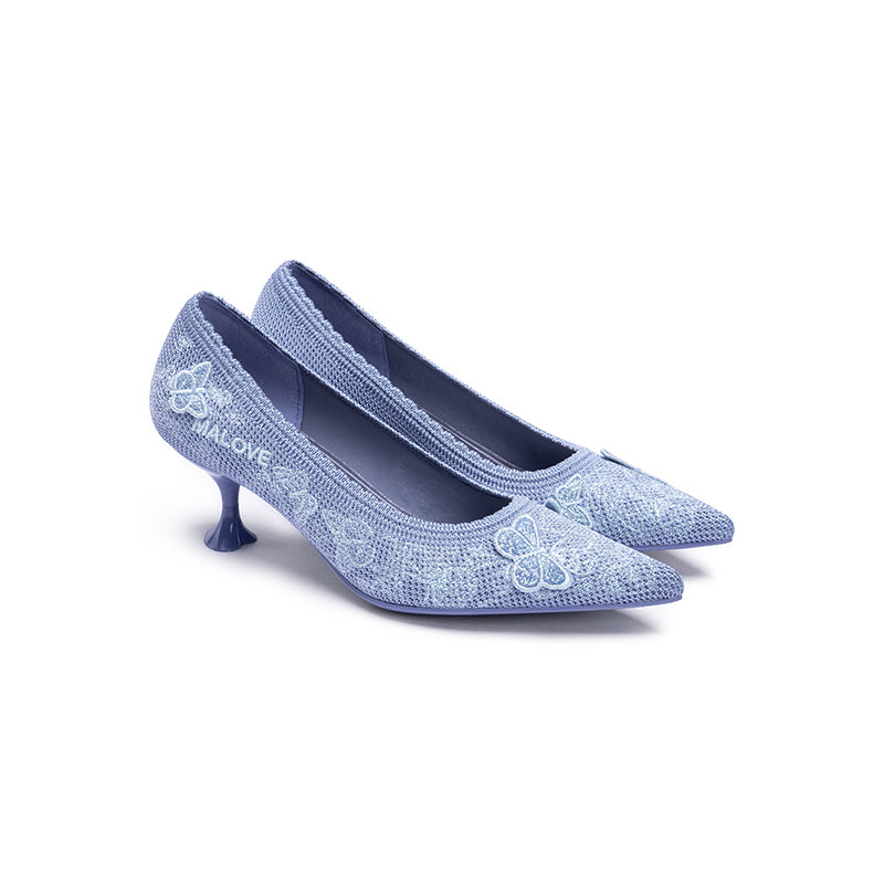Floral Butterfly Pointed Toe Kitten Heels-1