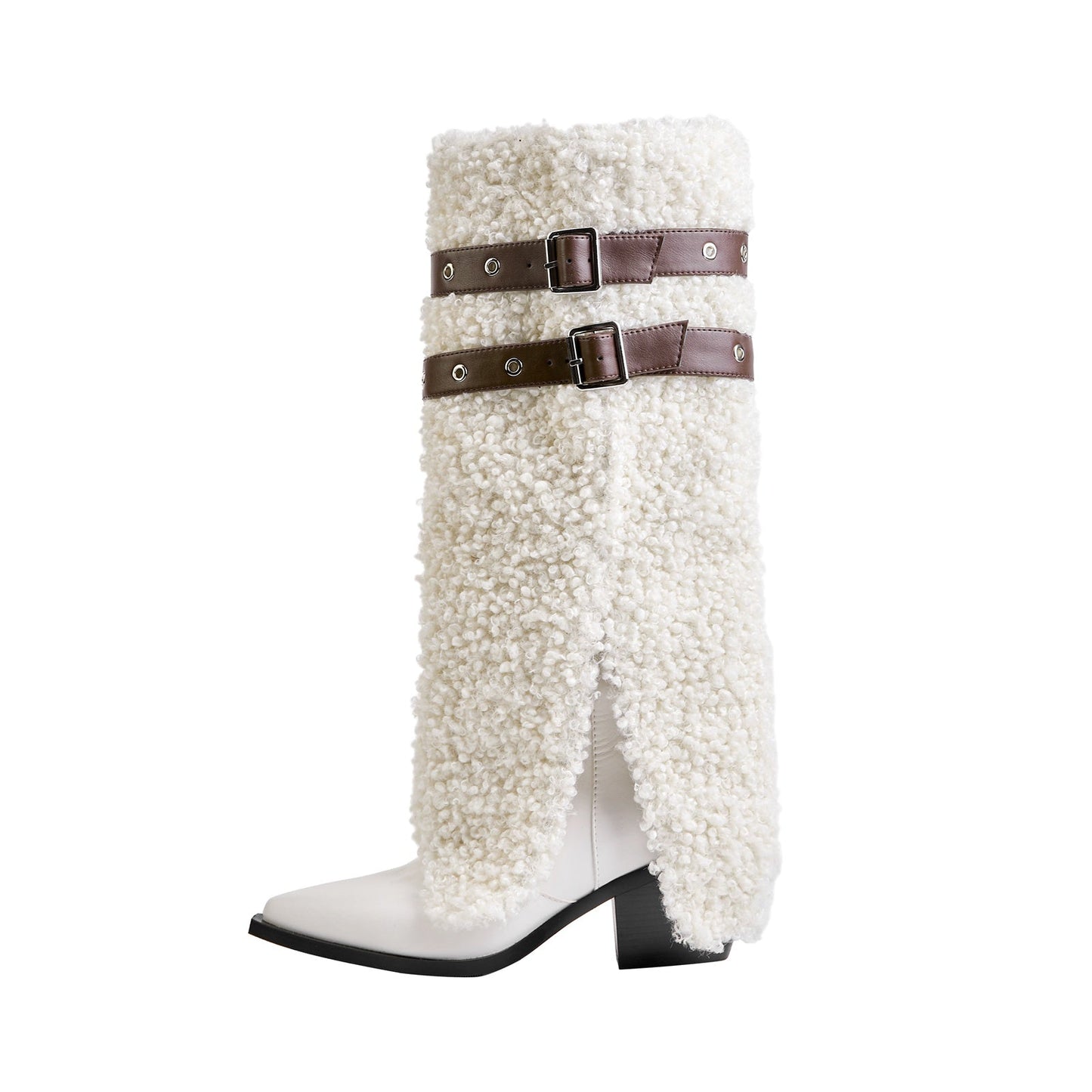Fluffy White Panel Knee High Boots with Leather Buckles-0