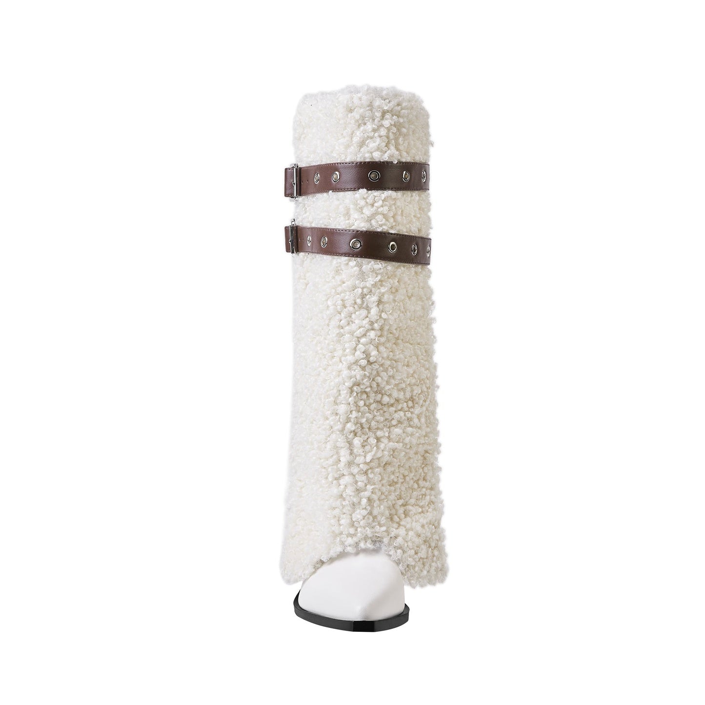Fluffy White Panel Knee High Boots with Leather Buckles-1