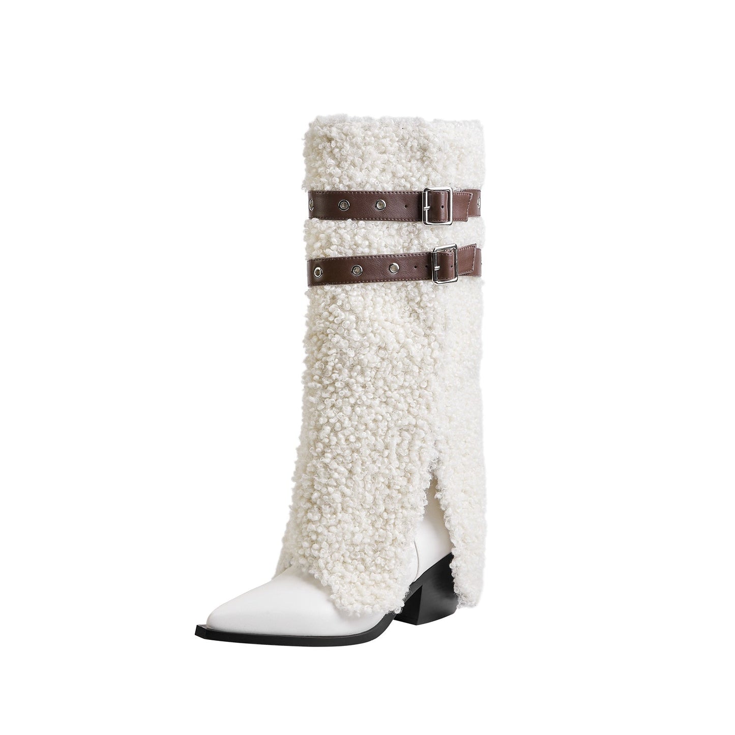 Fluffy White Panel Knee High Boots with Leather Buckles-2
