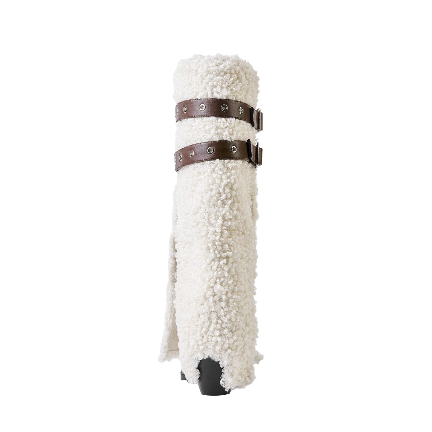 Fluffy White Panel Knee High Boots with Leather Buckles-3