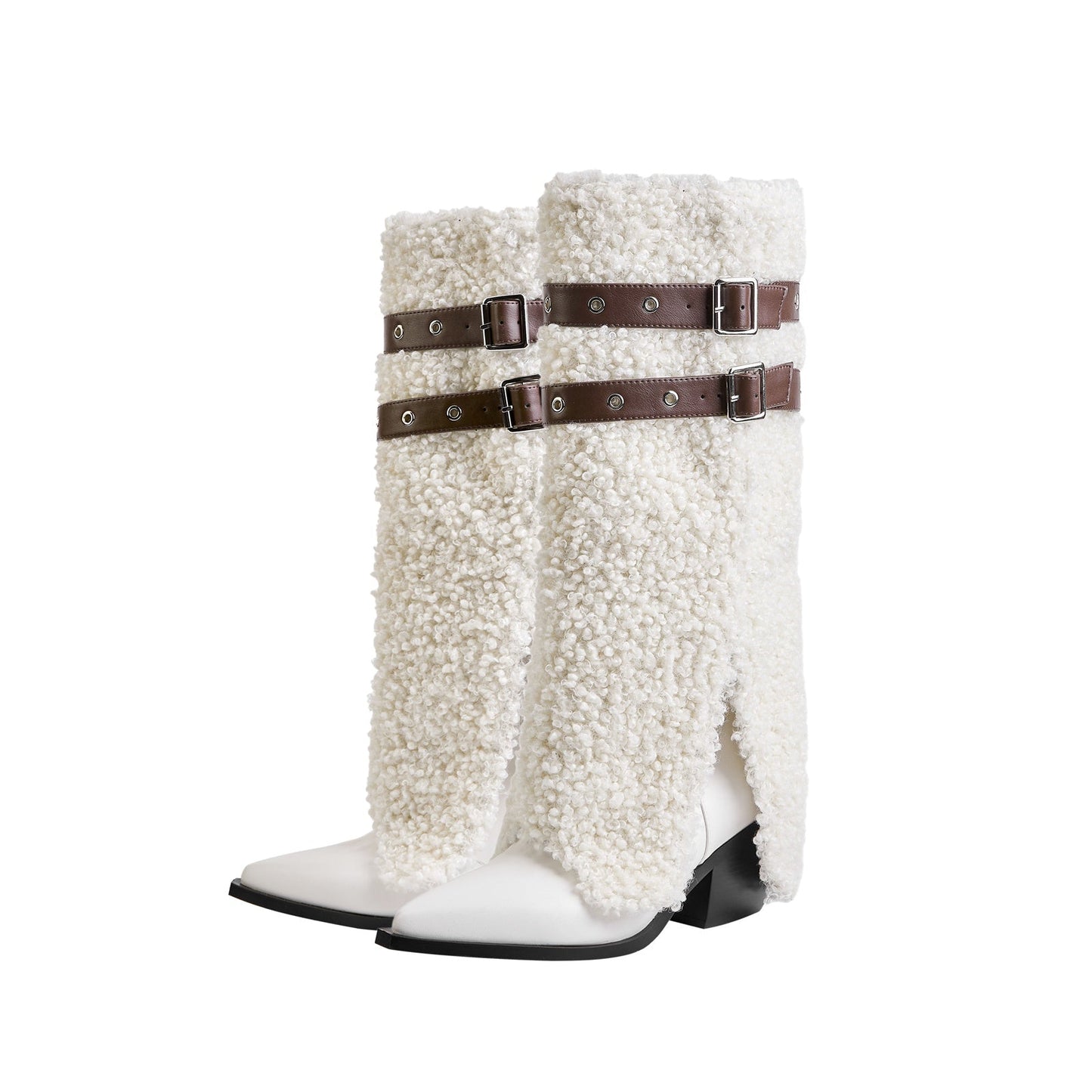 Fluffy White Panel Knee High Boots with Leather Buckles-4
