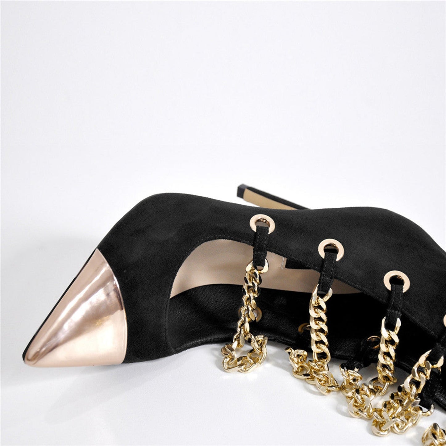 Glam Pointed Toe Gold Chain Black Knee High Boots-1