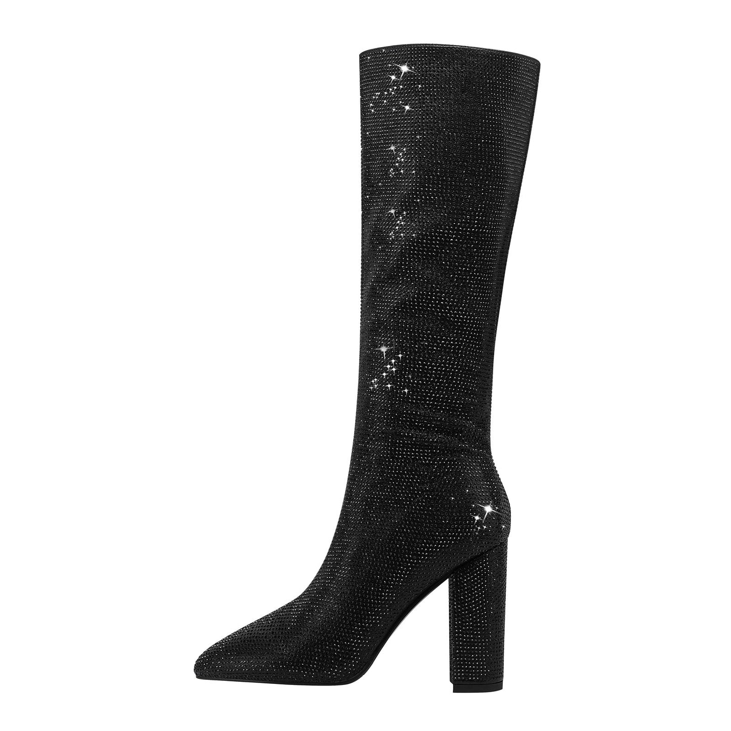Glittery Rhinestone Pointed Toe Knee High Boots-1