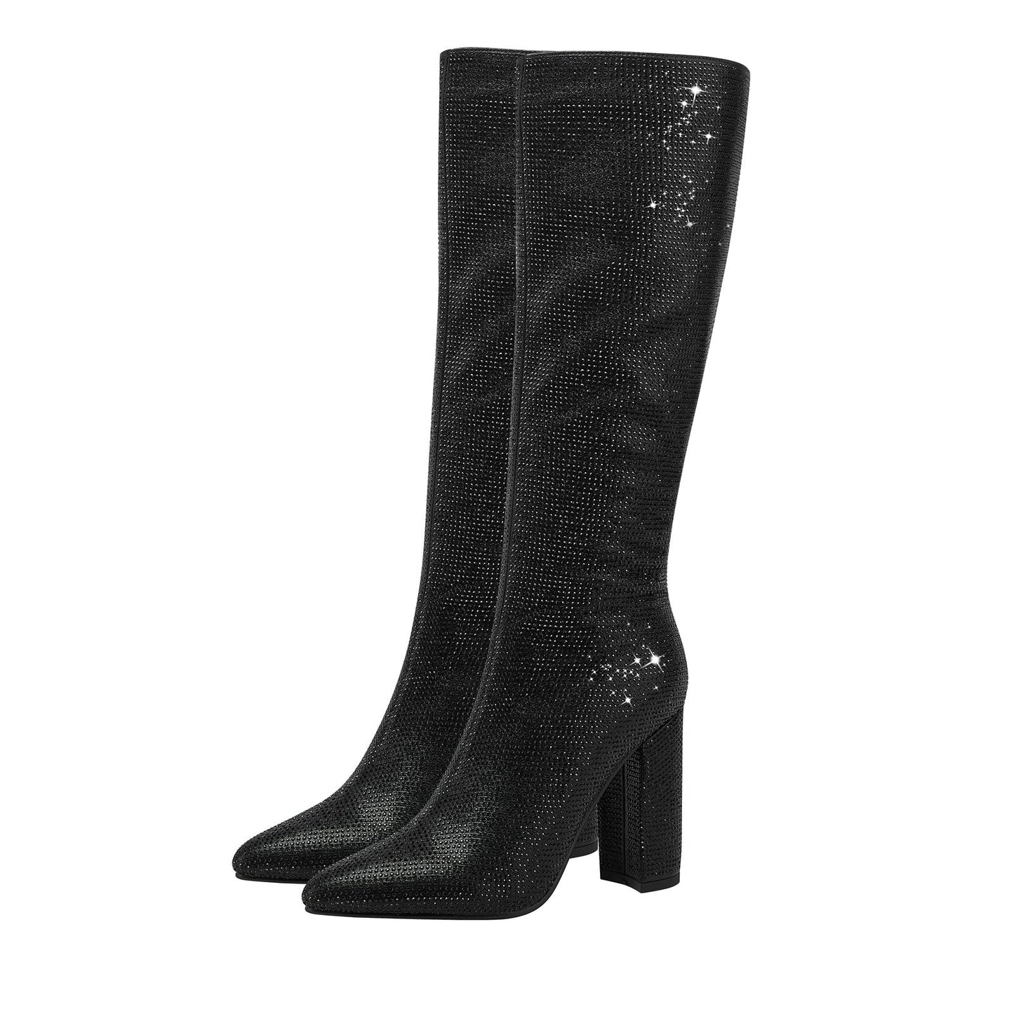 Glittery Rhinestone Pointed Toe Knee High Boots-2