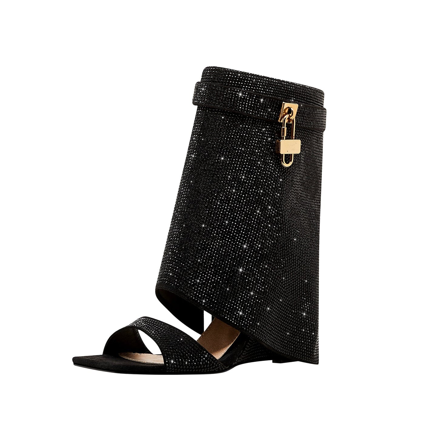 Glittery Rhinestone Square Toe Mid High Sandal Boots-1