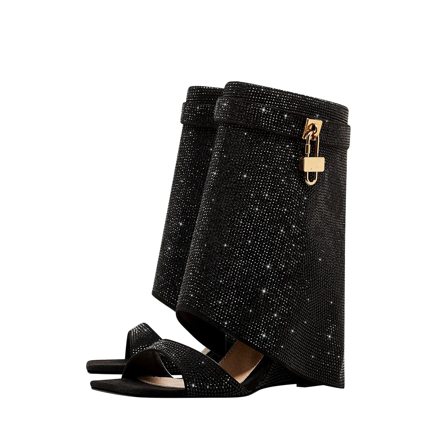 Glittery Rhinestone Square Toe Mid High Sandal Boots-2