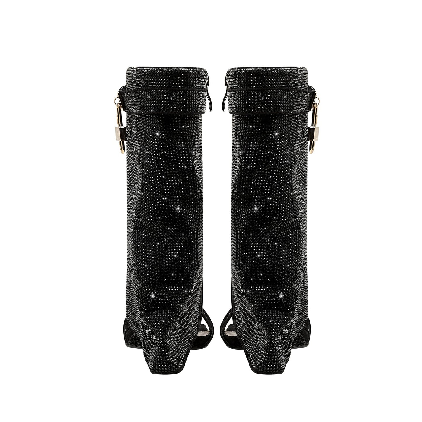 Glittery Rhinestone Square Toe Mid High Sandal Boots-3