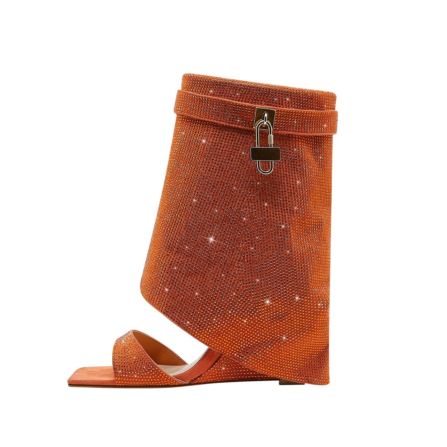Glittery Rhinestone Square Toe Mid High Sandal Boots-5
