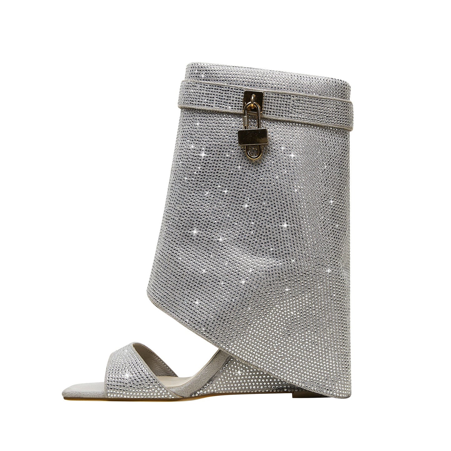 Glittery Rhinestone Square Toe Mid High Sandal Boots-7