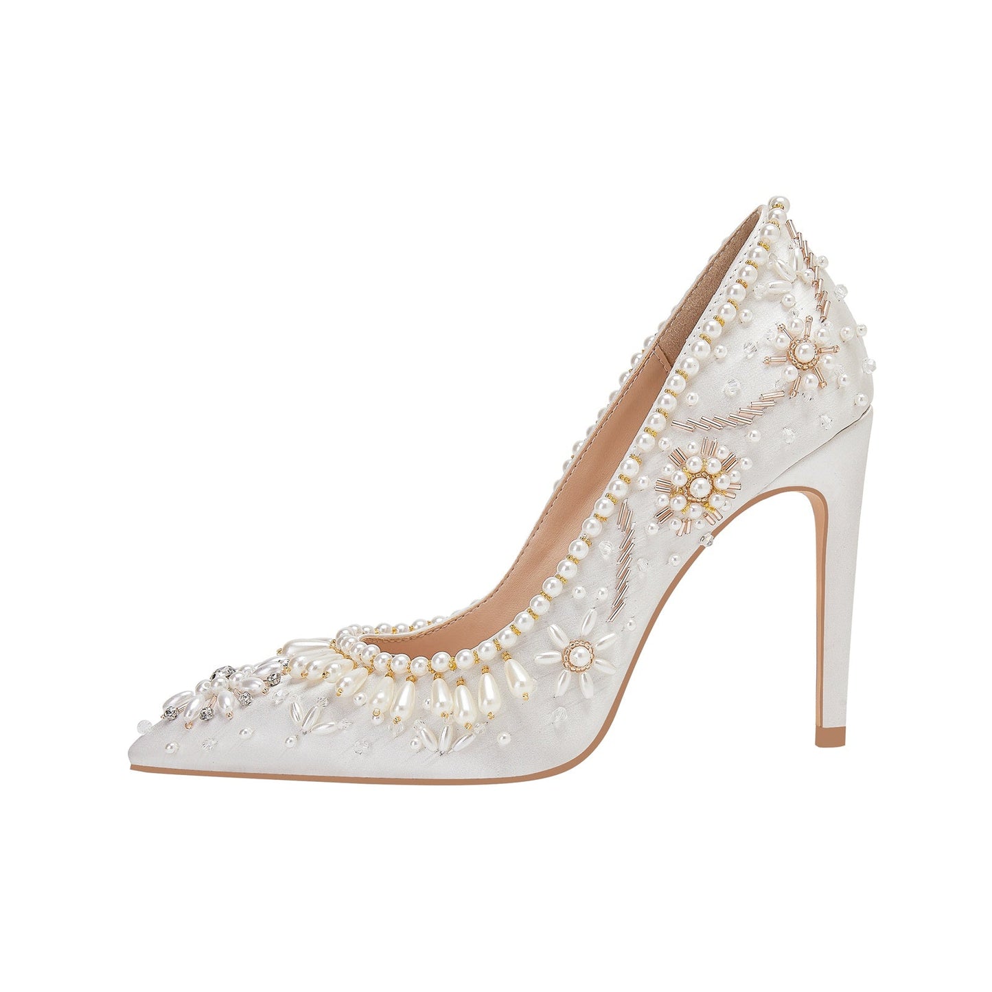 Pearl and Sequin Embellished White Wedding Heel Pumps-3