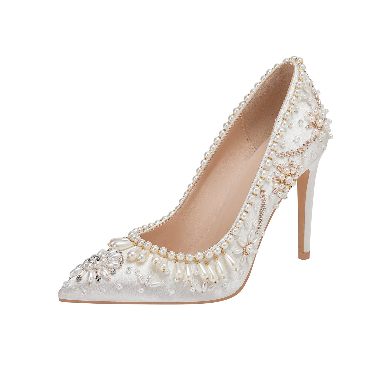 Pearl and Sequin Embellished White Wedding Heel Pumps-4